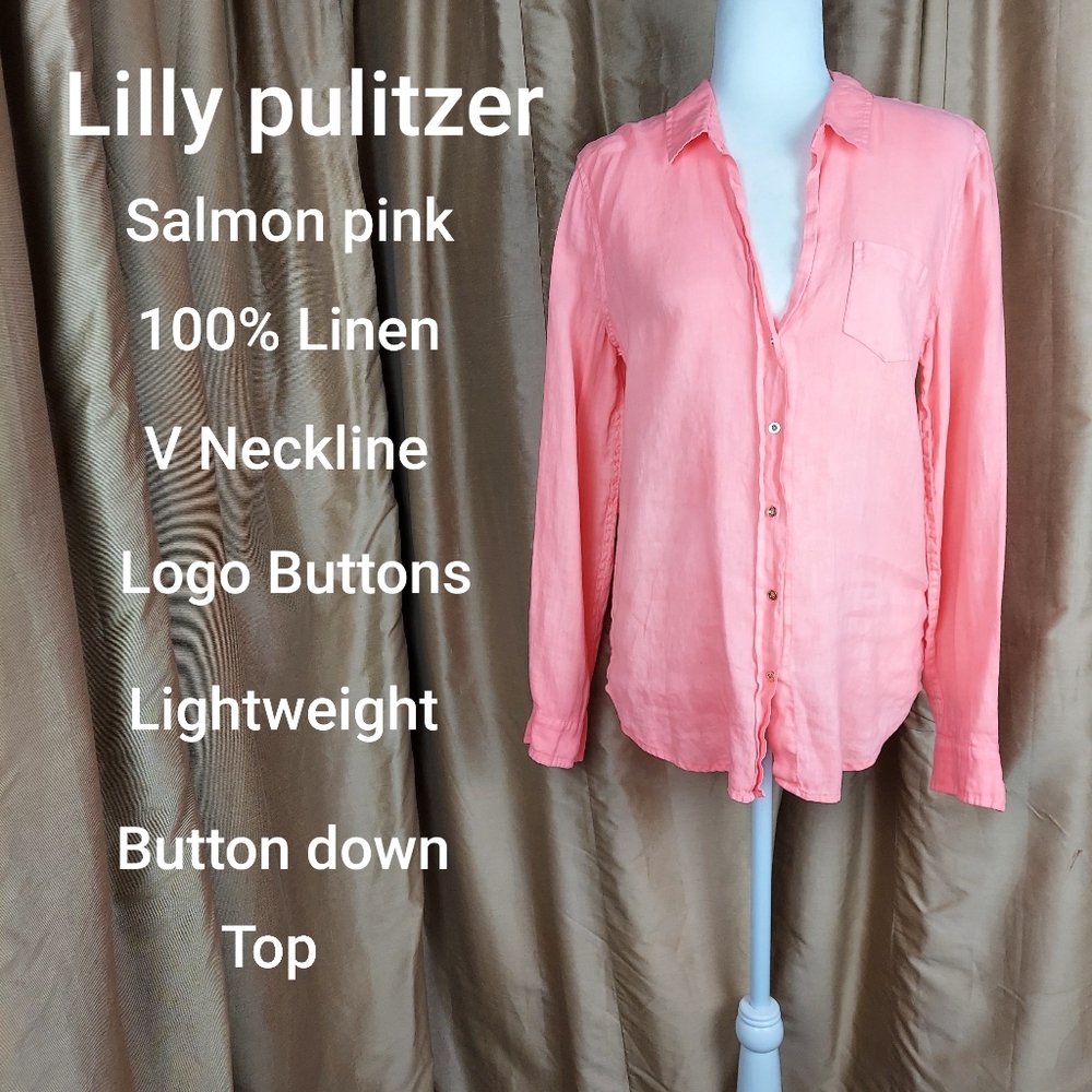 Lilly pulitzer pink 100% Linen logo button down top size L